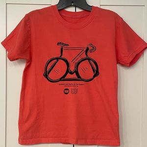 Women Top Crew Neck Short Sleeve T shirt Red Orange with a bicycle pattern